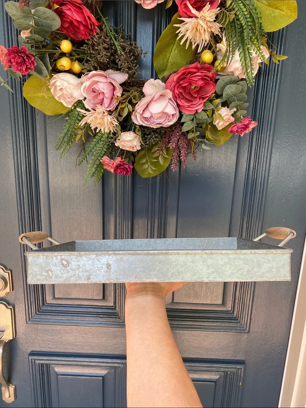 Pottery Barn Rustic Galvanized Metal Tray with Wood Handles